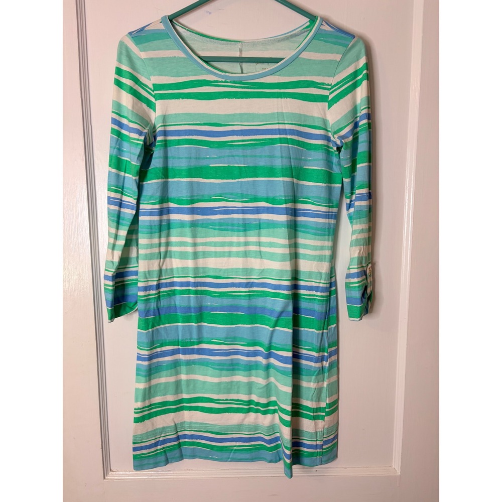 Lilly Pulitzer Women Green Blue Striped Pima Cotton 3/4 Sleeve T-Shirt Dress XS